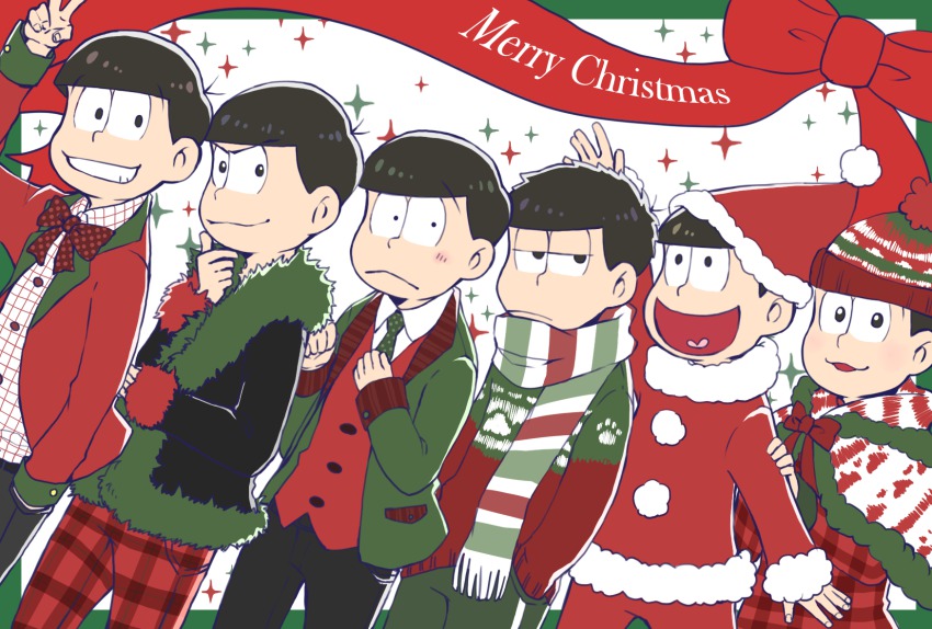 10s, 6+boys, :<, alternate_costume, bad_id, bad_twitter_id, beanie, black_hair, brothers, christmas, hand_in_pocket, hat, heart, heart_in_mouth, highres, jitome, kaki_bana, male_focus, matsuno_choromatsu, matsuno_ichimatsu, matsuno_jyushimatsu, matsuno_karamatsu, matsuno_osomatsu, matsuno_todomatsu, merry_christmas, messy_hair, multiple_boys, necktie, osomatsu-kun, osomatsu-san, osomatsu_(series), santa_costume, scarf, sextuplets, siblings, smile, sweater, v