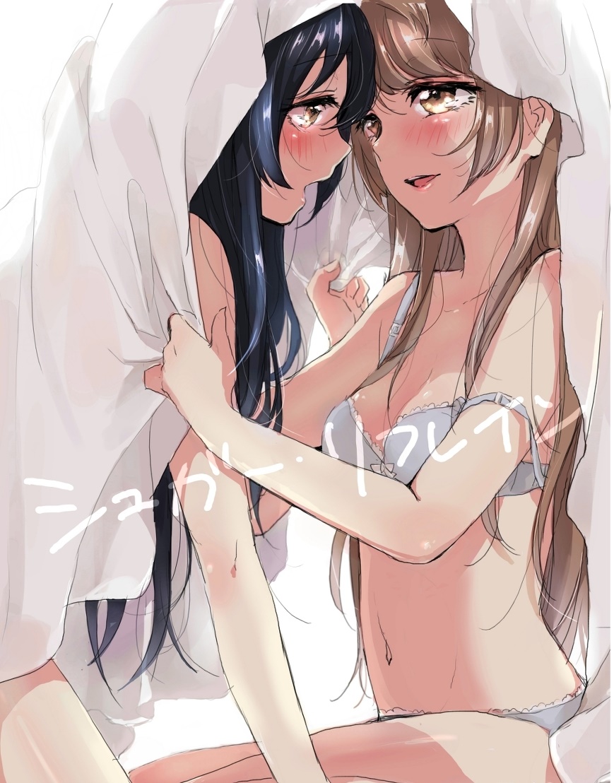 10s, 2girls, aoi_chiruko, bed_sheet, blue_hair, blush, breasts, hair_between_eyes