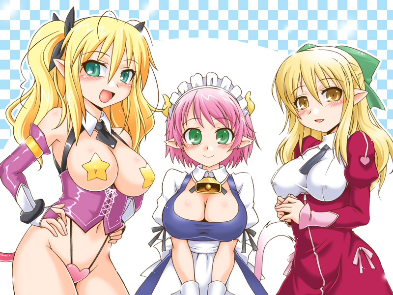 3girls, :d, bell, blonde_hair, blush, bow, breasts, bridal_gauntlets