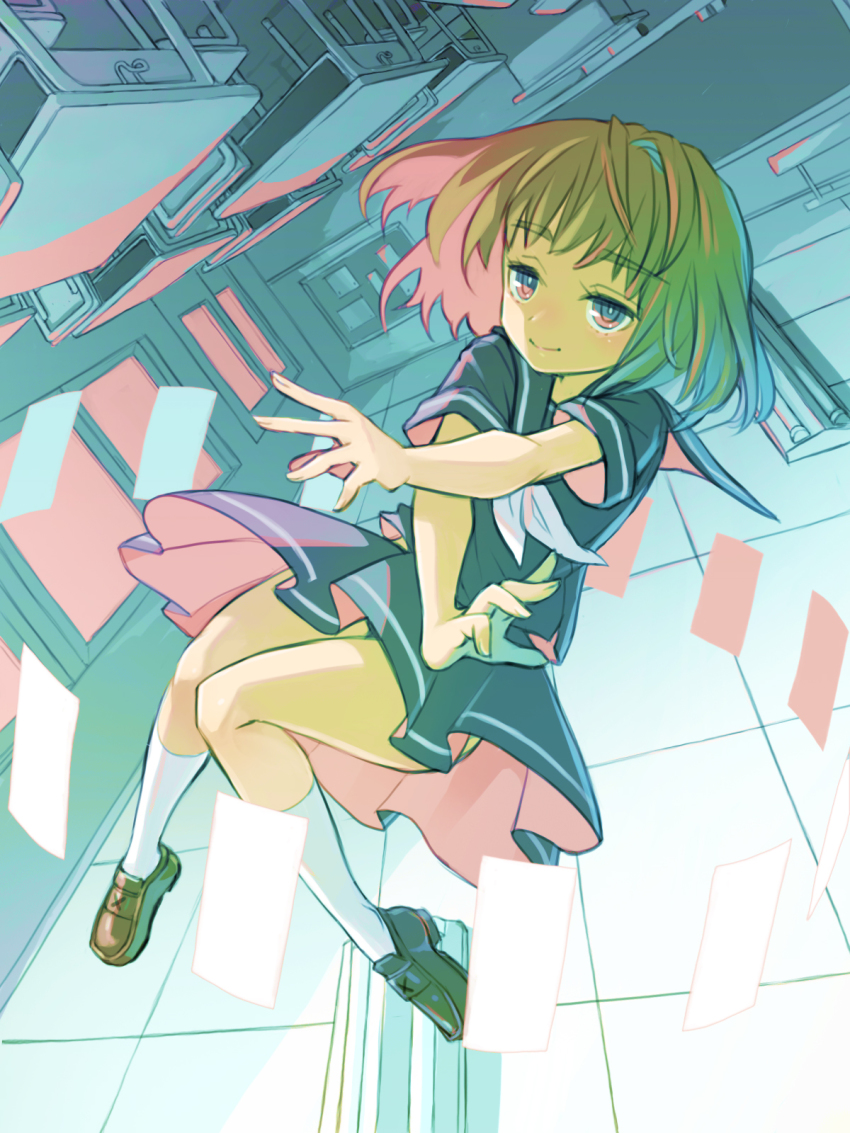 1girl, blonde_hair, blue_eyes, classroom, desk, dress, female_focus, floating