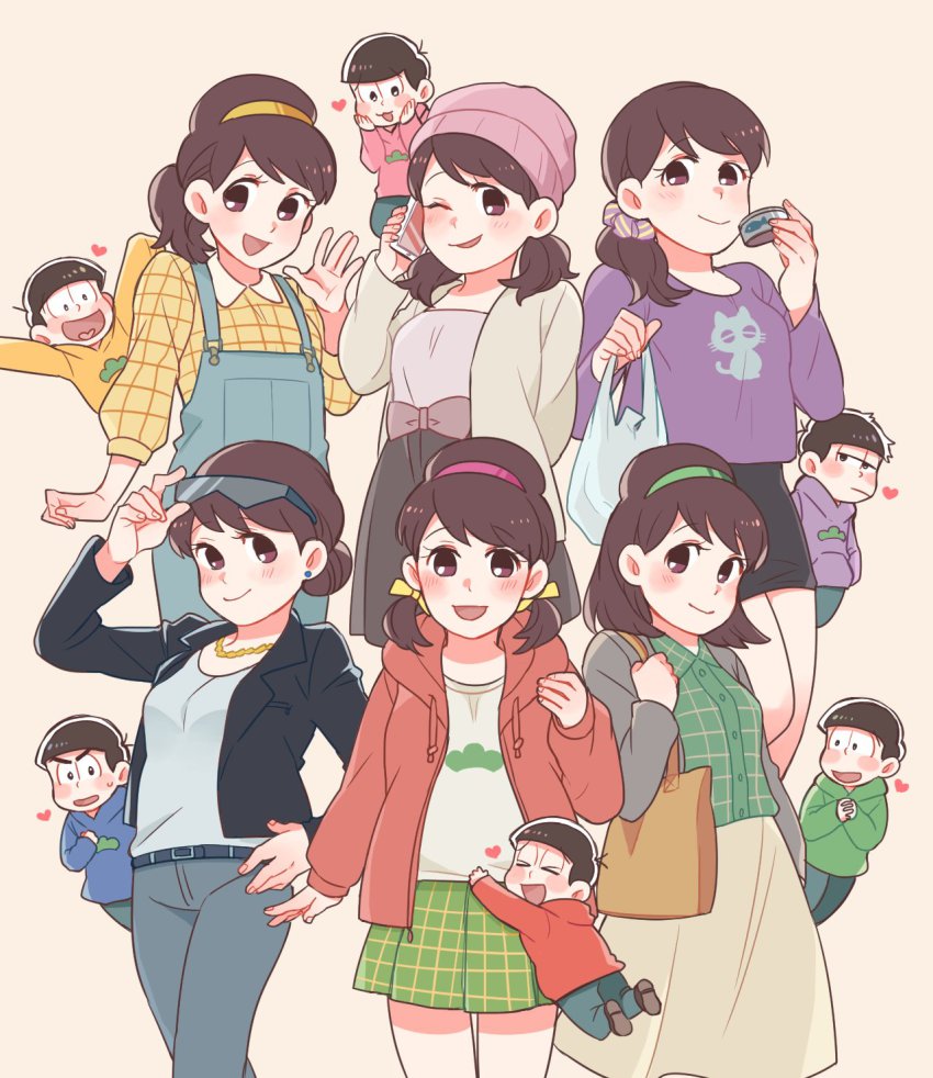 >_<, 10s, 1girl, 6+boys, :3, :d, ;), adjusting_eyewear, atarime, bad_id, bad_twitter_id, beanie, cellphone, chibi, cosplay, cream_background, denim, glasses, hairband, hand_on_own_hip, hat, heart, heart_in_mouth, highres, jacket, jeans, low_twintails, matsuno_choromatsu, matsuno_choromatsu_(cosplay), matsuno_ichimatsu, matsuno_ichimatsu_(cosplay), matsuno_jyushimatsu, matsuno_jyushimatsu_(cosplay), matsuno_karamatsu, matsuno_karamatsu_(cosplay), matsuno_osomatsu, matsuno_osomatsu_(cosplay), matsuno_todomatsu, matsuno_todomatsu_(cosplay), multiple_boys, multiple_persona, one_eye_closed, open_mouth, osomatsu-kun, osomatsu-san, osomatsu_(series), pants, phone, sextuplets, short_twintails, simple_background, smartphone, smile, sunglasses, twintails, yowai_totoko