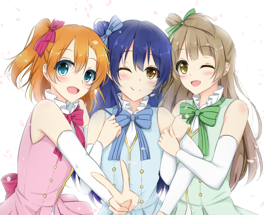 10s, 3girls, bad_id, bad_pixiv_id, bow, brown_eyes, brown_hair, hair_bow