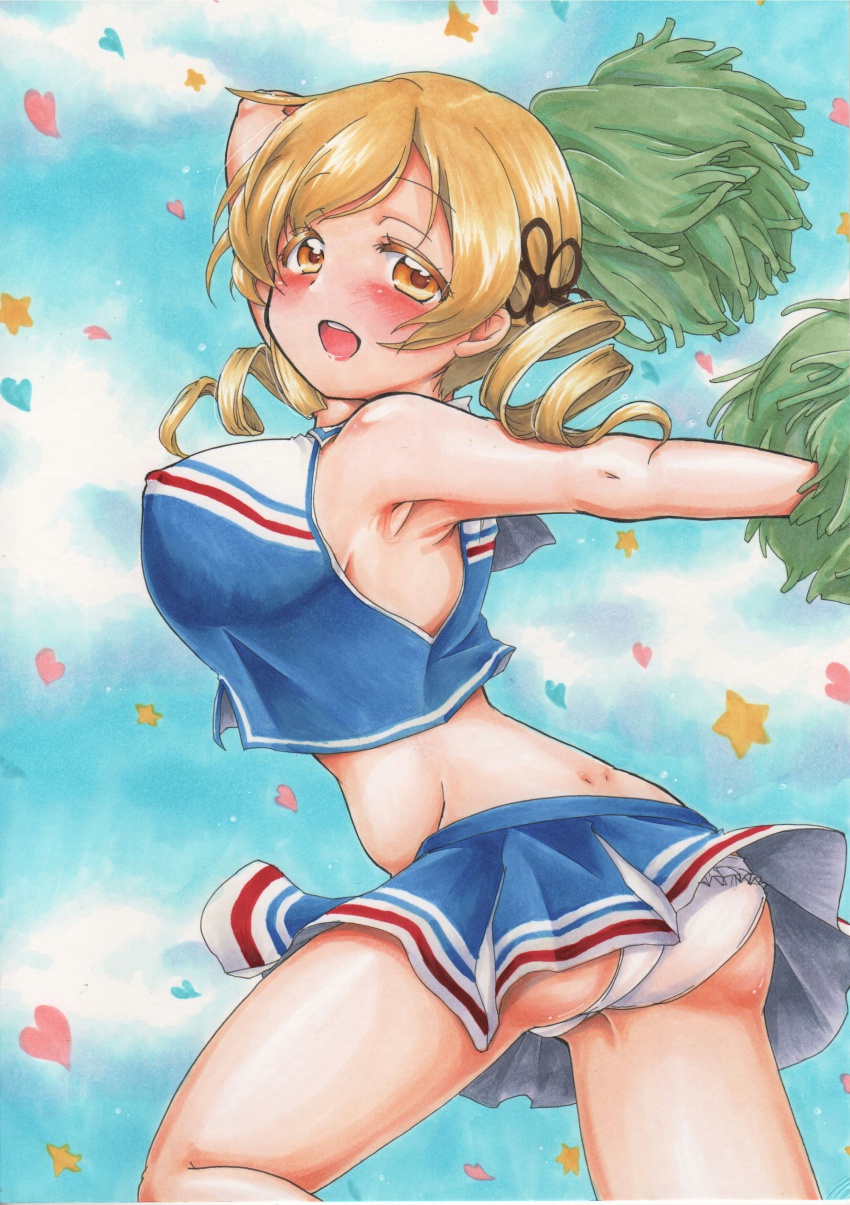 10s, 1girl, absurdres, armpits, ass, blonde_hair, blush, breasts, cheering, cheerleader, covered_erect_nipples, crop_top, crop_top_overhang, dimples_of_venus, drill_hair, female_focus, frilled_panties, frills, from_behind, hair_ornament, heart, highres, large_breasts, long_hair, looking_at_viewer, looking_back, mahou_shoujo_madoka_magica, mahou_shoujo_madoka_magica_(anime), midriff, miniskirt, no_bra, open_mouth, panties, pantyshot, pleated_skirt, pom_pom_(cheerleading), skirt, sleeveless, smile, solo, star_(symbol), tomoe_mami, traditional_media, trefoil, twin_drills, twintails, underwear, upskirt, white_panties, yellow_eyes, yuuki_chima