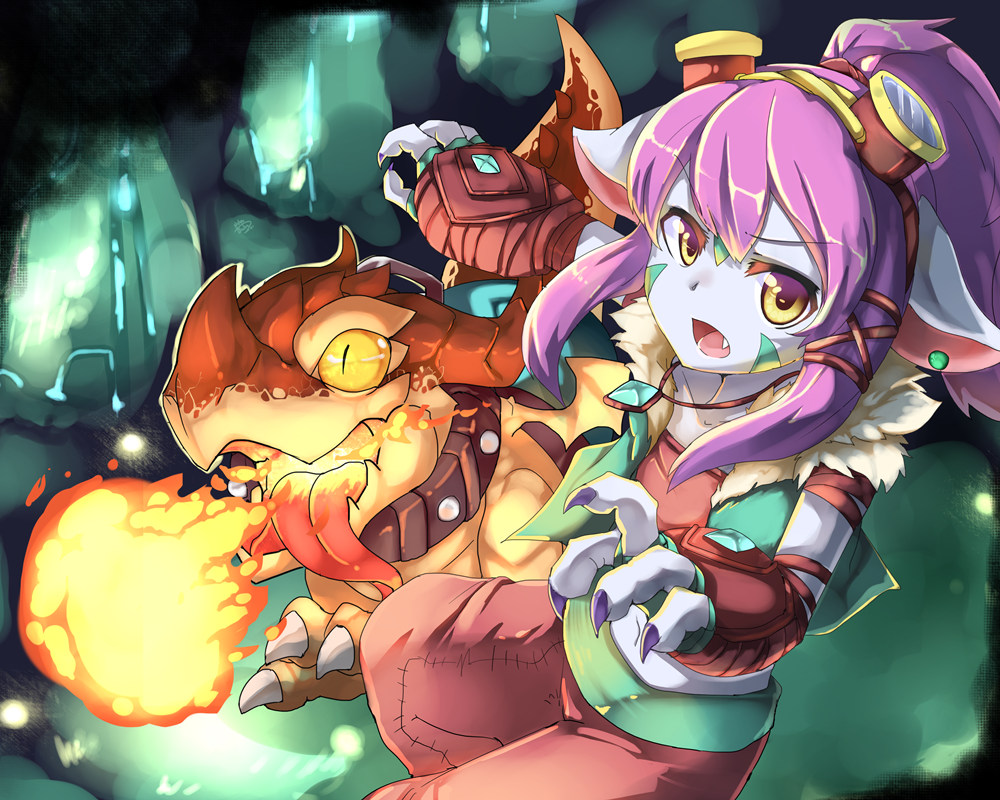 1girl, blue_skin, collar, colored_skin, dragon, dragon_tamer_tristana, dragon_trainer_tristana, goggles