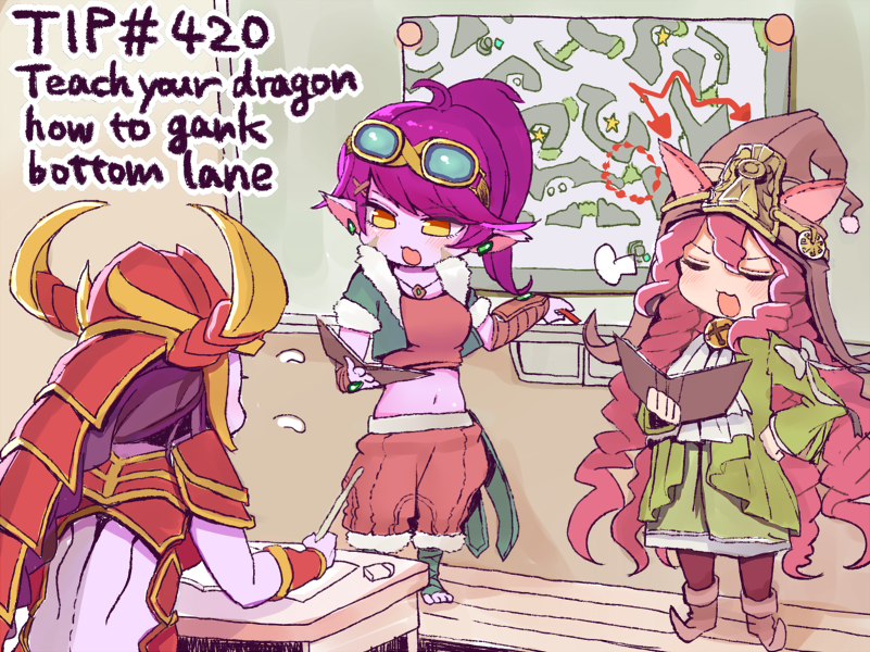 3girls, armor, class, colored_skin, dragon, dragon_trainer_lulu, dragon_trainer_tristana, english_text, goggles, goggles_on_head, hat, helmet, league_of_legends, long_hair, lulu_(league_of_legends), map, midriff, multiple_girls, navel, nisimorou, open_mouth, pointy_ears, ponytail, purple_hair, purple_skin, shyvana, tristana, tristana_(league_of_legends), white_hair, yordle