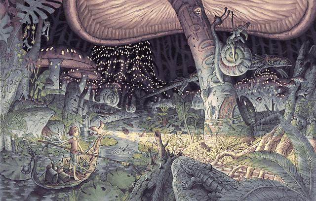 1boy, 1girl, artist_request, barefoot, boat, concept_art, crocodile, crocodilian, full_body, grandia, grandia:_parallel_trippers, lily_pad, mushroom, official_art, outdoors, plant, scenery, snail, still_life, water, watercraft, yuuhi_(grandia)