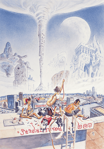 3boys, artist_request, barefoot, bottle, box_art, building, character_request, city