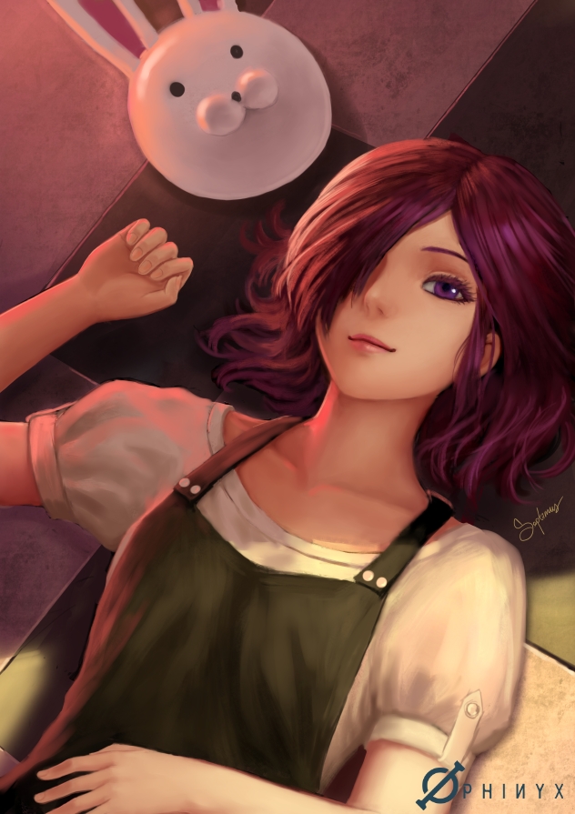 10s, 1girl, apron, box, collarbone, female_focus, hair_over_one_eye, hand_on_own_stomach, kirishima_touka, lips, lying, mask, namae_shifuta, on_back, puffy_short_sleeves, puffy_sleeves, purple_eyes, purple_hair, rabbit_mask, shirt, short_hair, short_sleeves, signature, smile, solo, tokyo_ghoul, unworn_mask, upper_body, white_shirt