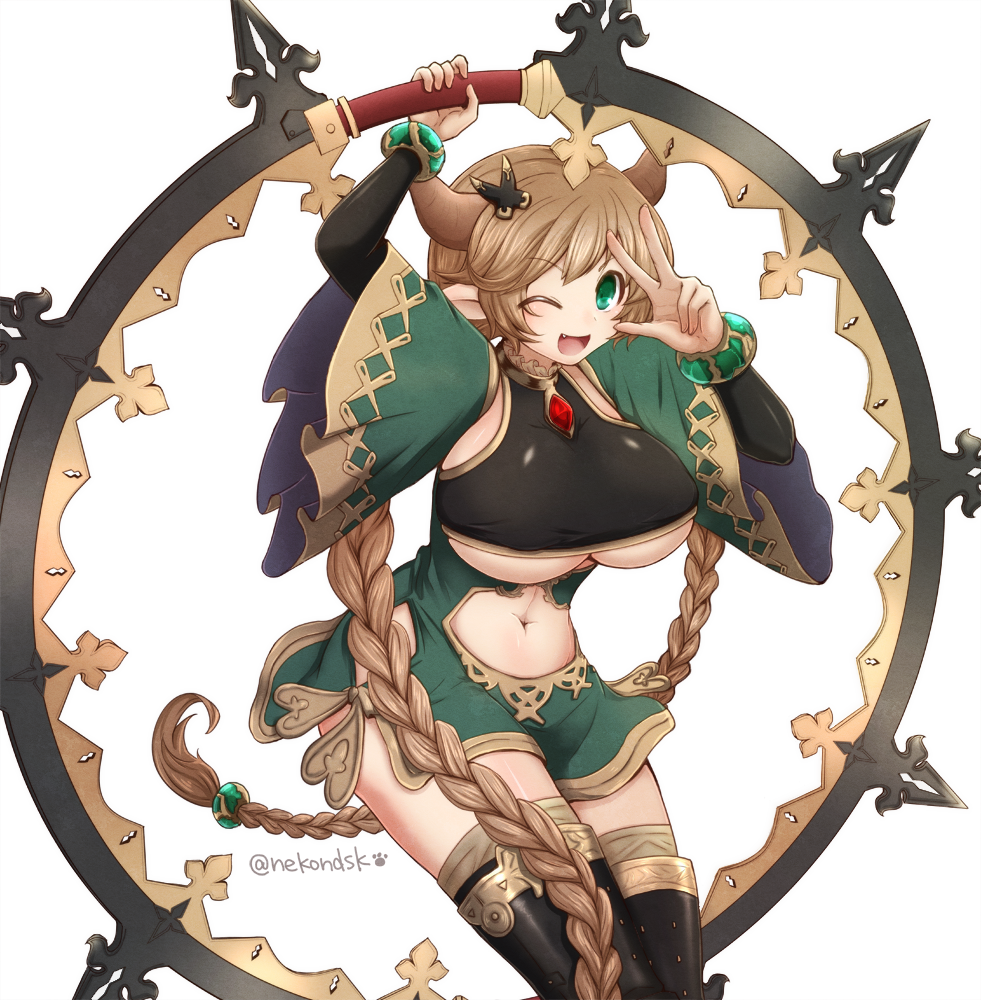 10s, 1girl, ;d, bad_id, bad_pixiv_id, bracelet, braid, breasts, carmelina_(granblue_fantasy), clothing_cutout, draph, dress, fang, female_focus, granblue_fantasy, green_dress, green_eyes, hair_ornament, hoop, horns, hula_hoop, jewelry, large_breasts, light_brown_hair, long_hair, low-tied_long_hair, navel, navel_cutout, neko_nadeshiko, one_eye_closed, open_mouth, paw_print, pointy_ears, scissors, scissors_hair_ornament, short_dress, simple_background, smile, solo, twin_braids, twitter_username, underboob, very_long_hair, white_background, wide_sleeves