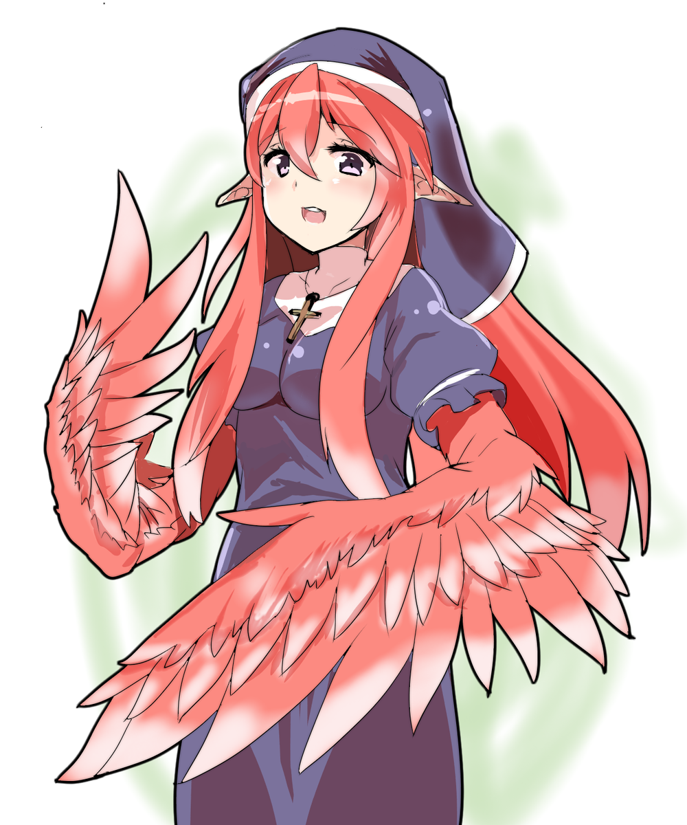 1girl, breasts, catholic, cross, crucifix, feathered_wings, female_focus, grey_eyes