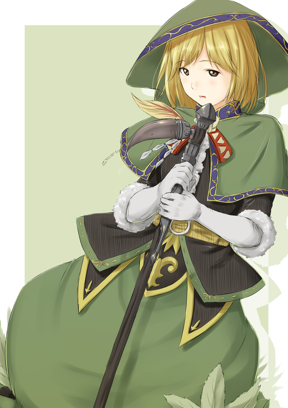 10s, 1girl, blonde_hair, breasts, brown_eyes, capelet, cloak, djeeta_(granblue_fantasy)