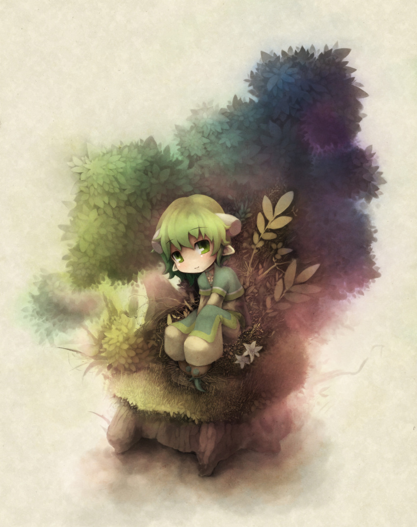 1boy, bush, flower, goddandies, grass, green_eyes, green_hair, highres