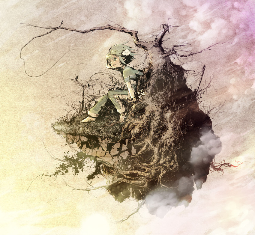 1boy, :d, bare_tree, barefoot, capelet, cloud, floating, flower