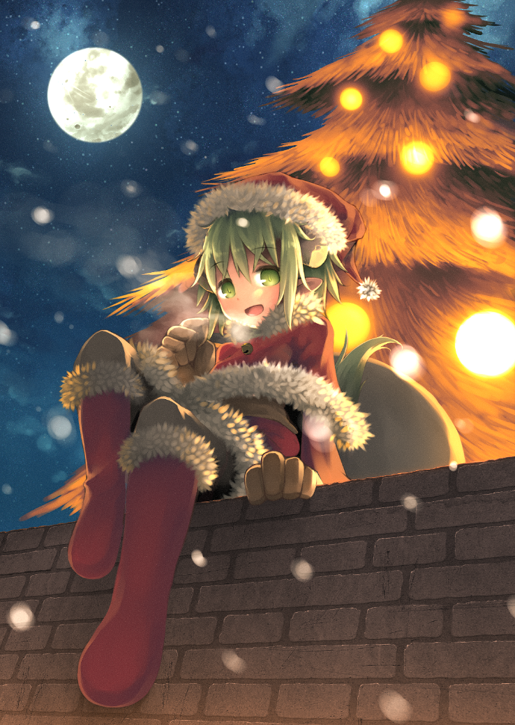 1boy, boots, brick_wall, brown_gloves, child, christmas, christmas_tree, from_below, gloves, goddandies, green_eyes, green_hair, hat, looking_at_viewer, male_focus, matching_hair/eyes, moon, open_mouth, pointy_ears, red_boots, resi, santa_boots, santa_costume, santa_hat, sitting_on_wall, snow, solo, summon_night