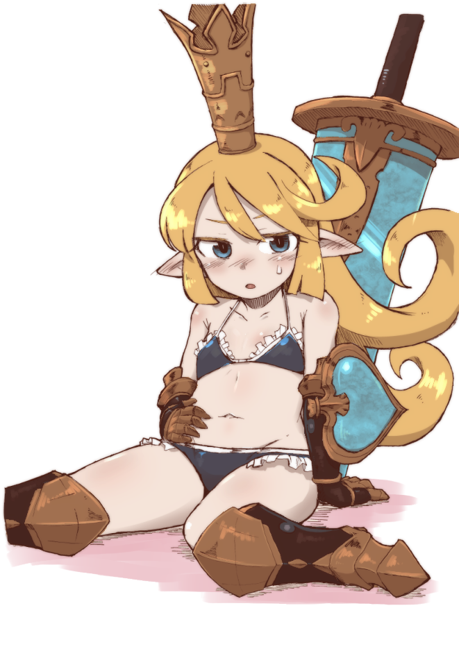 10s, 1girl, bikini, blonde_hair, blue_bikini, blue_eyes, blush, charlotta_(granblue_fantasy), crown, ear_blush, female_focus, granblue_fantasy, groin, hair_between_eyes, harvin, kasupikai, long_hair, navel, nose_blush, simple_background, sitting, solo, swimsuit, sword, weapon, white_background