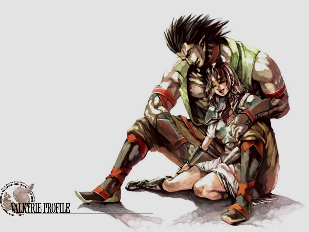 1boy, 1girl, :d, ^_^, arm_guards, armlet, armor, bare_shoulders, black_hair, blush, boots, brahms, breastplate, breasts, brown_hair, closed_eyes, copyright_name, full_body, head_down, jewelry, knee_boots, laughing, long_hair, muscular, neck_ring, official_art, open_mouth, reflection, silmeria_valkyrie, sitting, smile, spiked_hair, valkyrie_profile_(series), valkyrie_profile_1, vest, white_background, yoshinari_kou, yoshinari_you