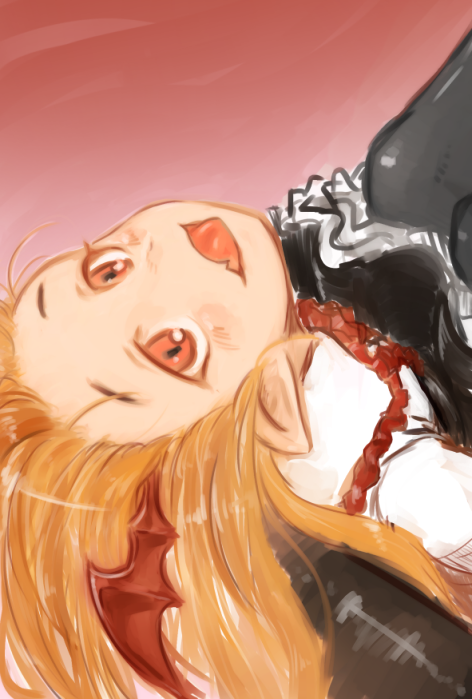 10s, 1girl, bat_wings, black_legwear, black_skirt, blonde_hair, blush, fang