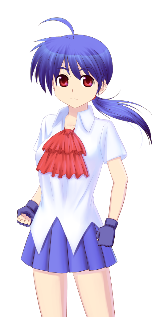 1girl, blue_hair, cowboy_shot, female_focus, fingerless_gloves, gloves, kanzaki_yun, m.u.g.e.n, pleated_skirt, ponytail, red_eyes, school_uniform, skirt, solo, standing, tagme