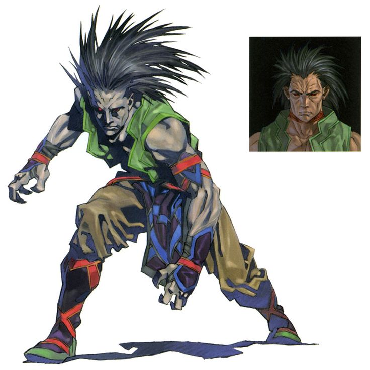 1boy, arm_guards, armlet, armor, black_eyes, black_hair, black_sclera, brahms, colored_sclera, full_body, heterochromia, jewelry, leaning_forward, long_hair, male_focus, manly, muscular, official_art, red_eyes, short_hair, simple_background, solo, spiked_hair, valkyrie_profile_(series), valkyrie_profile_1, vest, white_background, yoshinari_kou, yoshinari_you