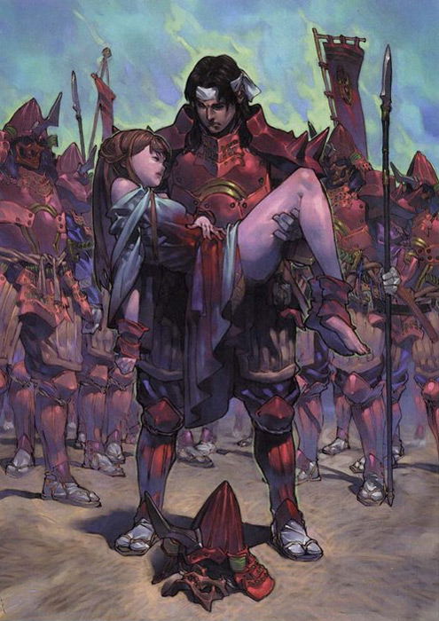 1girl, armor, barefoot, blood, blood_on_clothes, breastplate, breasts, brown_hair