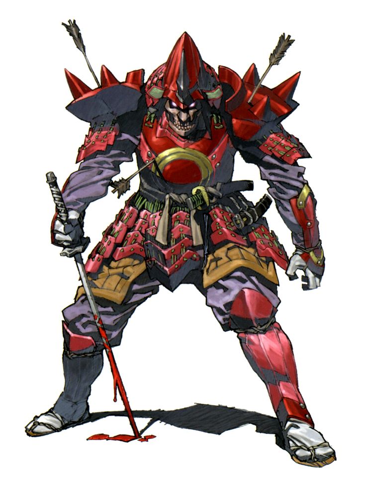 1boy, armor, arrow_(projectile), blood, bloody_weapon, clenched_teeth, glowing, glowing_eyes, impaled, japanese_armor, katana, looking_at_viewer, male_focus, mask, official_art, pink_eyes, planted, planted_sword, planted_weapon, samurai, sheath, sheathed, short_hair, shoulder_pads, shoulder_spikes, simple_background, skull, solo, spikes, standing, suo_(valkyrie_profile), sword, tabi, teeth, valkyrie_profile_(series), valkyrie_profile_1, weapon, white_background, yoshinari_kou, yoshinari_you