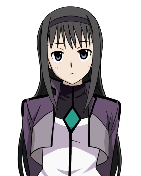 1girl, :<, akemi_homura, arms_behind_back, black_hair, black_hairband, blush, celestial_being_uniform