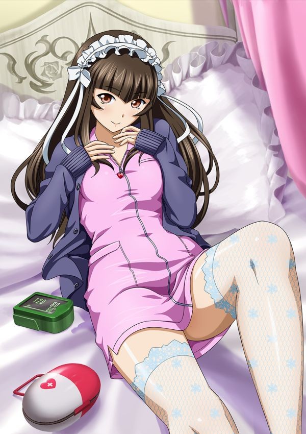 00s, 1girl, bed, brown_hair, cardigan, female_focus, fishnet_thighhighs, fishnets, frilled_pillow, frills, hairband, ikkitousen, ikkitousen:_bakunyuu_souhaden, lace, lace-trimmed_legwear, lace_trim, long_hair, looking_at_viewer, lying, nurse, official_art, on_back, on_bed, open_clothes, pillow, smile, solo, ten'i_(ikkitousen), thighhighs, white_thighhighs, zettai_ryouiki, zipper