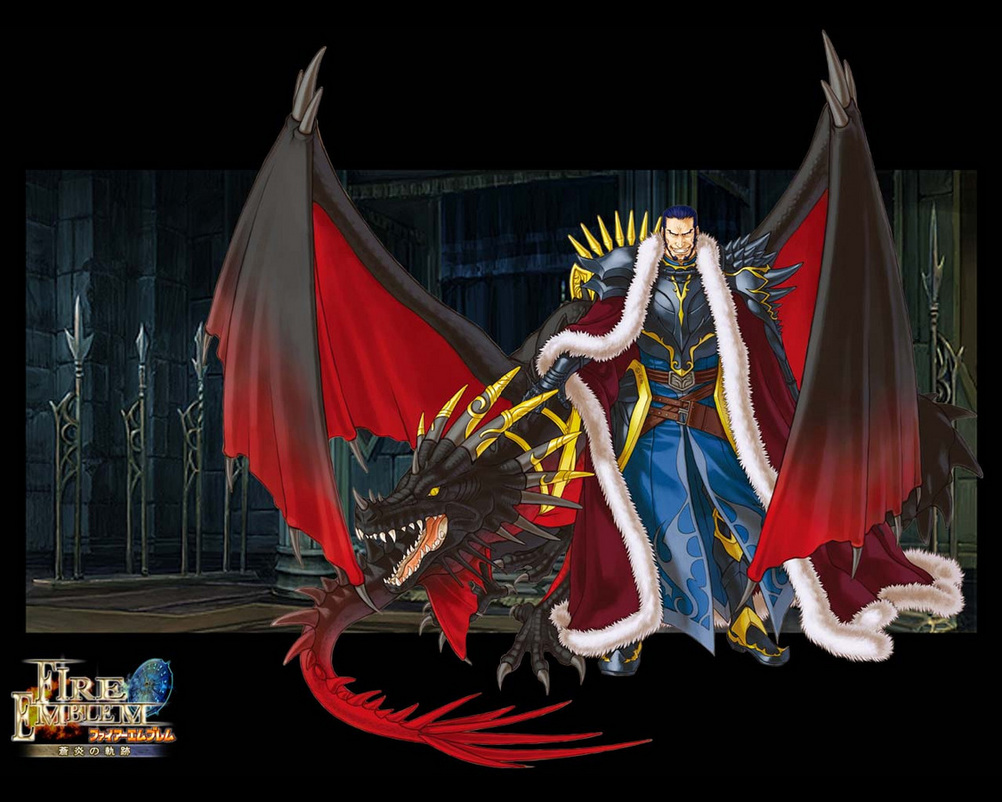 1boy, armor, armored_boots, armored_dress, ashnard_(fire_emblem), belt, black_dragon, black_eyes, blue_hair, boots, cape, claws, copyright_name, dragon, dragon_wings, dress, evil_grin, evil_smile, fangs, fire_emblem, fire_emblem:_path_of_radiance, fur, gauntlets, grin, horns, king, kita_senri, laguz_(fire_emblem), male_focus, naughty_face, nintendo, official_art, rajaion_(fire_emblem), robe, short_hair, smile, solo, spikes, tail, wings, yellow_eyes