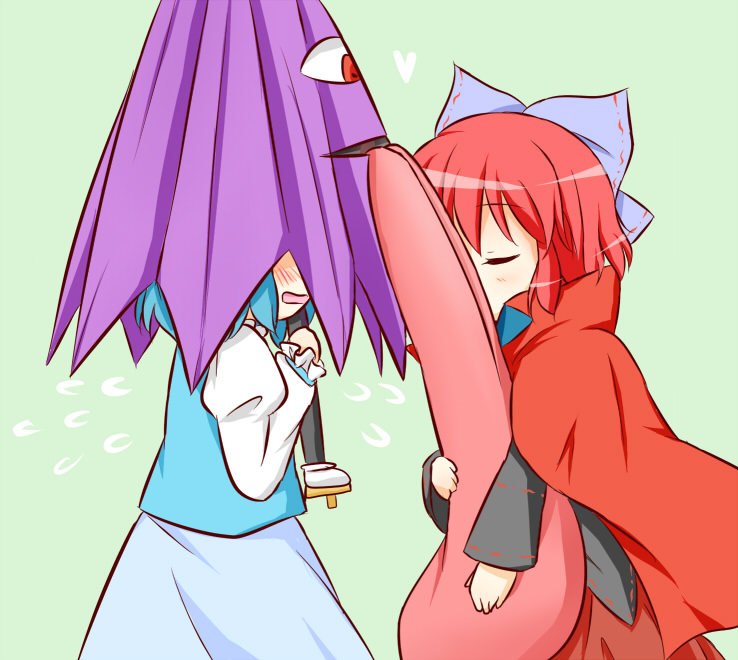 2girls, blush, bow, cape, d:, closed_eyes, flying_sweatdrops, hair_bow