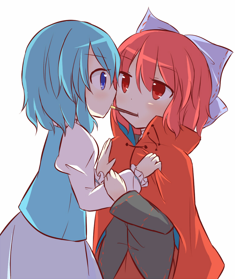 2girls, bandaged_neck, bandages, blue_eyes, blue_hair, blush, bow, cape, eye_contact, food, hair_bow, hands_on_another's_chest, high_collar, imminent_kiss, jitome, juliet_sleeves, large_bow, long_sleeves, looking_at_another, multiple_girls, pocky, pocky_day, pocky_kiss, puchimirin, puffy_sleeves, red_eyes, red_hair, sekibanki, shared_food, short_hair, skirt, tatara_kogasa, touhou, tunic, yuri