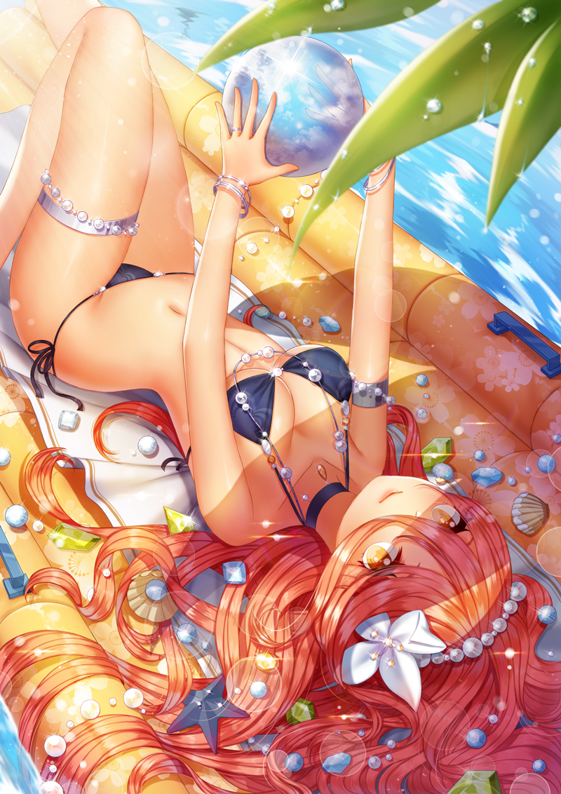 1girl, ball, bikini, black_bikini, bracelet, breasts, cleavage, day