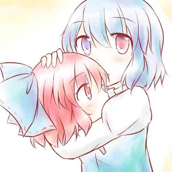 2girls, blush, bow, disembodied_head, hair_bow, head_hug, heterochromia, juliet_sleeves