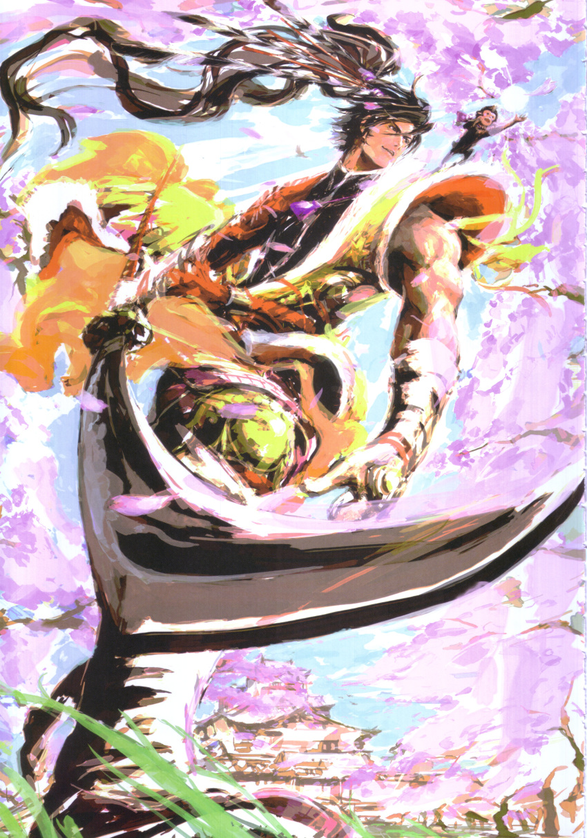 00s, 1boy, absurdres, cherry_blossoms, highres, maeda_keiji_(sengoku_basara), male_focus, monkey