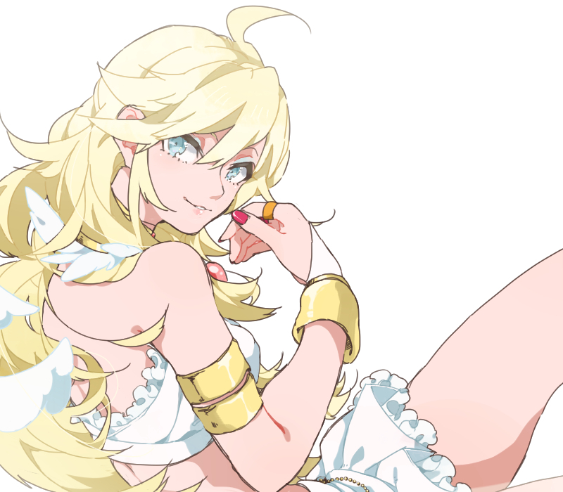 10s, 1girl, angel, angel_wings, armlet, bad_id, bad_pixiv_id, bandeau, bare_shoulders, blonde_hair, blue_eyes, breasts, bridal_gauntlets, dress, female_focus, fingernails, from_side, jewelry, long_hair, looking_at_viewer, looking_back, miniskirt, nail_polish, panty_&amp;_stocking_with_garterbelt, panty_(psg), parted_lips, pink_nails, simple_background, skirt, smile, solo, white_background, white_dress, wings, yoshida_(yooosida)