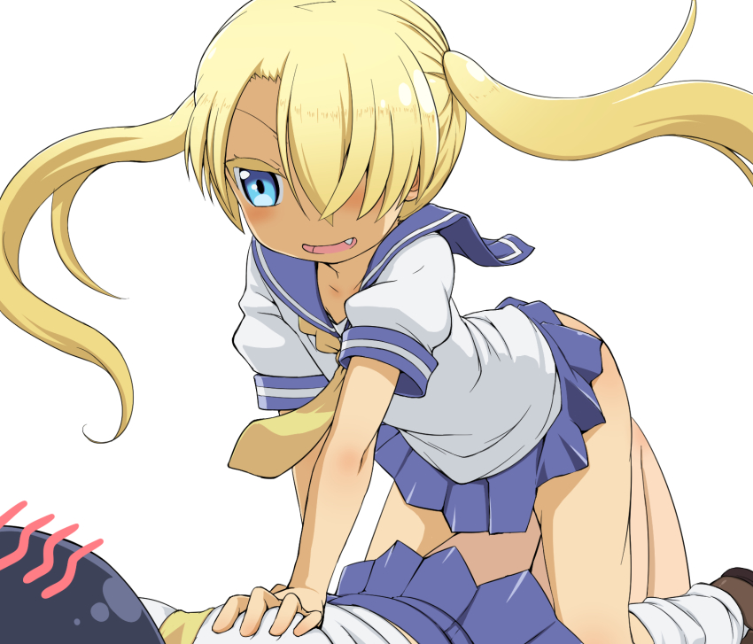 10s, 2girls, bad_id, bad_pixiv_id, black_hair, blonde_hair, blue_eyes, blush, clothes_lift, fang, grabbing_another's_breast, groping, hair_over_one_eye, highres, komori-san_wa_kotowarenai!, komori_shuri, loafers, long_hair, loose_socks, lying, miniskirt, multiple_girls, nishitori_megumi, on_back, school_uniform, serafuku, shoes, short_sleeves, simple_background, skirt, skirt_lift, socks, takeda_yukimura, twintails, white_background, white_legwear, yuri