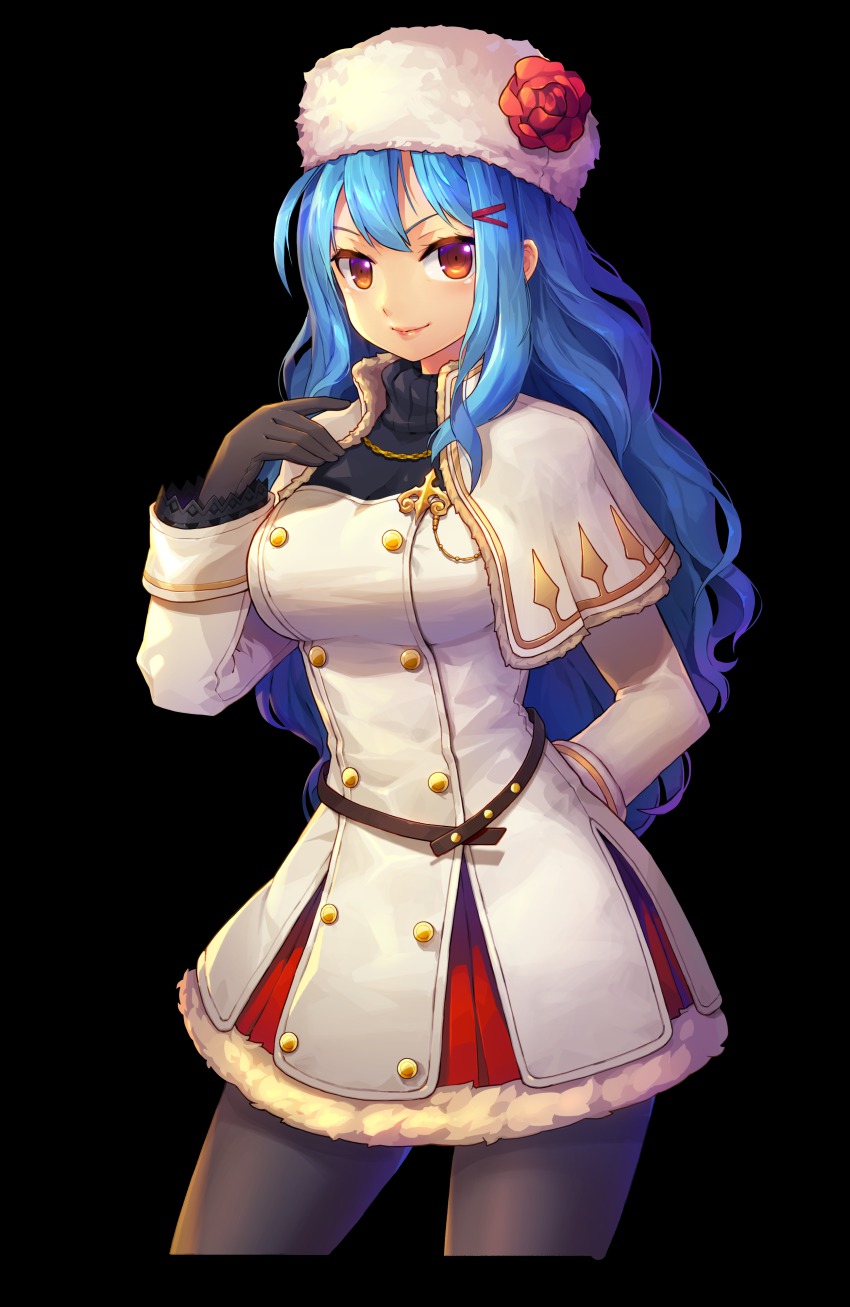 00s, 1girl, absurdres, belt, black_gloves, black_pantyhose, blue_hair, brown_eyes