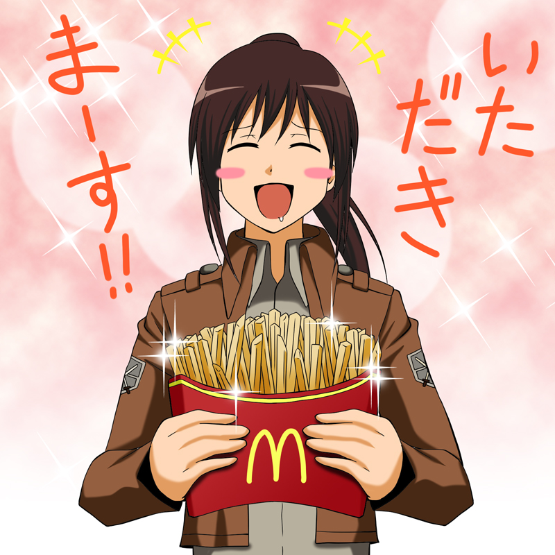 1girl, blush, blush_stickers, brown_hair, commentary_request, female_focus, food, french_fries
