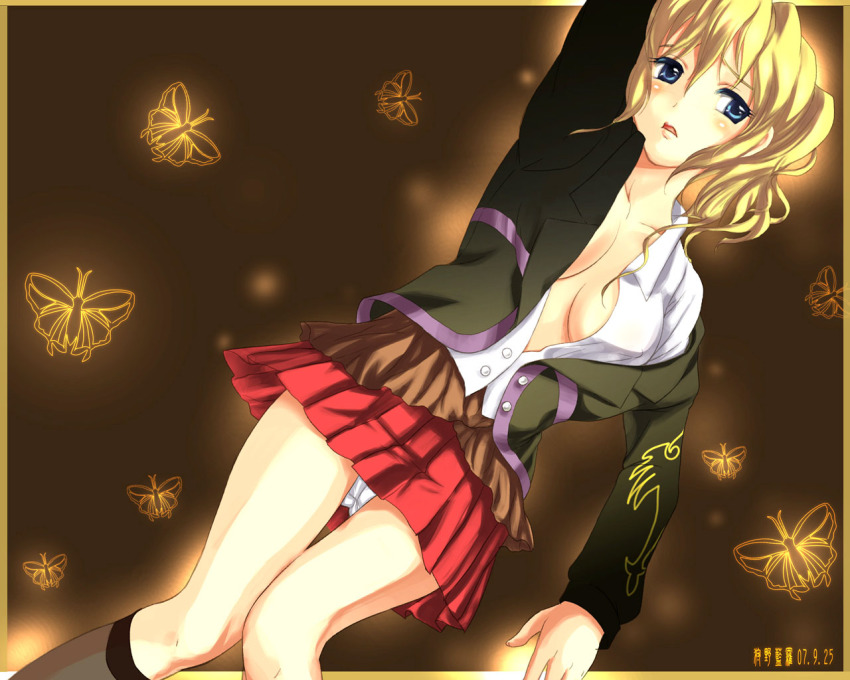 00s, 1girl, blonde_hair, blue_eyes, breasts, bug, butterfly, cleavage, female_focus, insect, medium_breasts, open_clothes, open_shirt, panties, pantyshot, pleated_skirt, ponytail, school_uniform, serafuku, shirt, skirt, socks, solo, tenka_taihei, thigh_gap, thighs, umineko_no_naku_koro_ni, underwear, ushiromiya_jessica