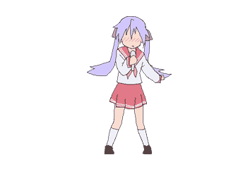 1girl, animated, animated_gif, blush, dancing, hiiragi_kagami, kamiya_ron, kojima_yoshio, lowres, lucky_star, microphone, music, no_eyes, no_nose, oppappi, parody, qvga, school_uniform, serafuku, singing, yoshio_kojima