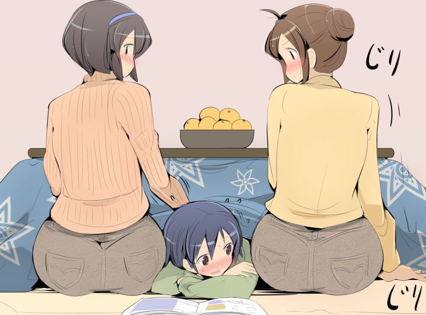 1boy, 2girls, age_difference, ahoge, ass, blue_hair, blush, bowl, brown_eyes, brown_hair, curvy, denim, food, fruit, hair_bun, hairband, huge_ass, indoors, jeans, kotatsu, mandarin_orange, mature_female, mother_and_child, mother_and_son, multiple_girls, name_john, orange_(fruit), original, pants, parent_and_child, plump, pocket, simple_background, single_hair_bun, sitting, sweater, table, wide_hips
