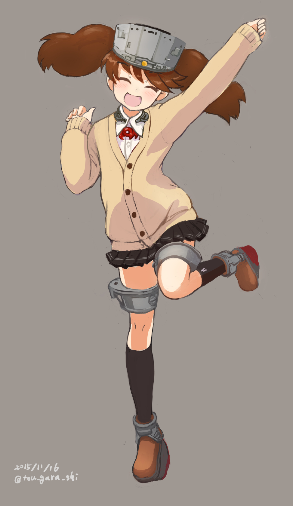 10s, 1girl, 2015, :d, alternate_costume, arm_up, black_socks, brown_hair