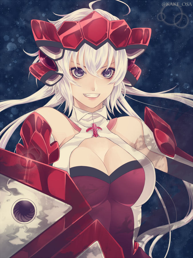 10s, 1girl, ahoge, bad_id, bad_pixiv_id, bare_shoulders, breasts, cleavage