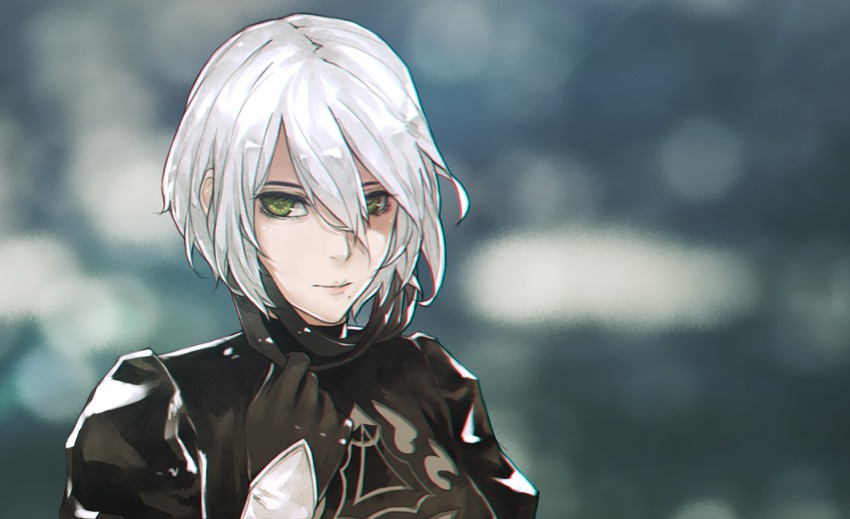 1girl, 2b_(nier:automata), android, black_dress, breasts, chromatic_aberration, dress, female_focus, green_eyes, hair_between_eyes, hairband, kelvin926, nier:automata, nier_(series), no_blindfold, outdoors, puffy_sleeves, short_hair, solo, turtleneck, upper_body, white_hair