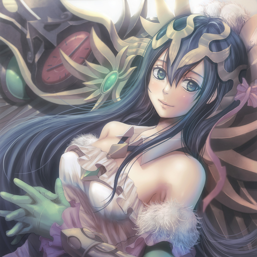 1girl, black_hair, blue_eyes, clock, dress, elbow_gloves, female_focus, fur_trim