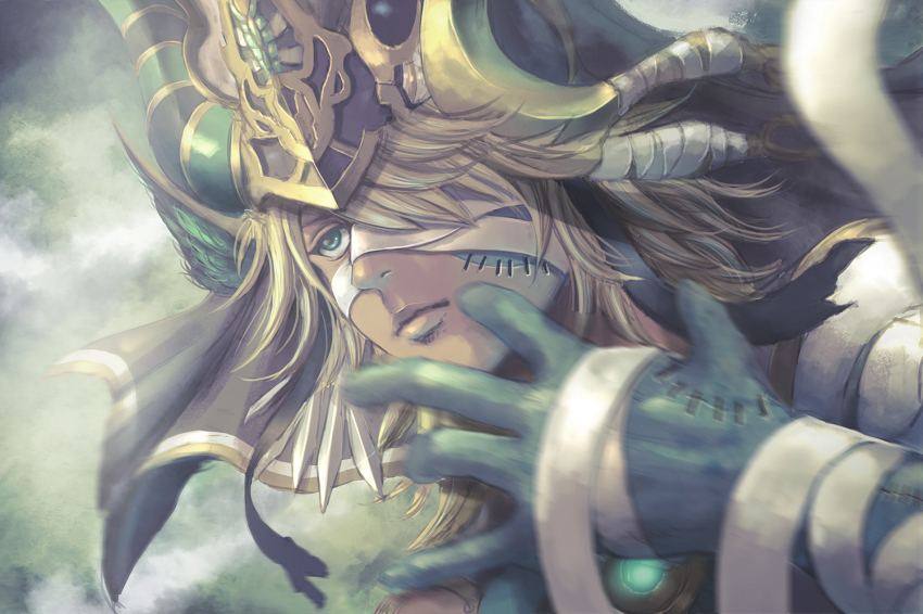 1boy, ancient_egyptian, bandages, blonde_hair, blue_eyes, gradient_background, hair_tubes, headdress, male_focus, motion_blur, mummy, one_eye_covered, osiris_(p&amp;d), puzzle_&amp;_dragons, shoichi_(ekakijin), solo, stitches, upper_body