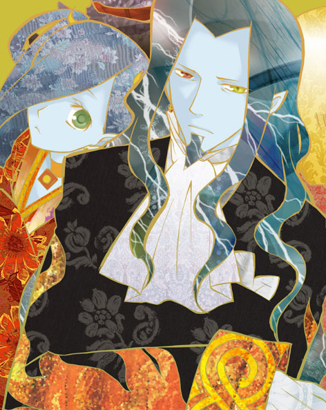 00s, 1boy, 1girl, count_of_monte_cristo_(gankutsuou), gankutsuou, green_eyes, hair_over_one_eye, haydee_(gankutsuou), heterochromia, miyahara_tatsumi, unmoving_pattern