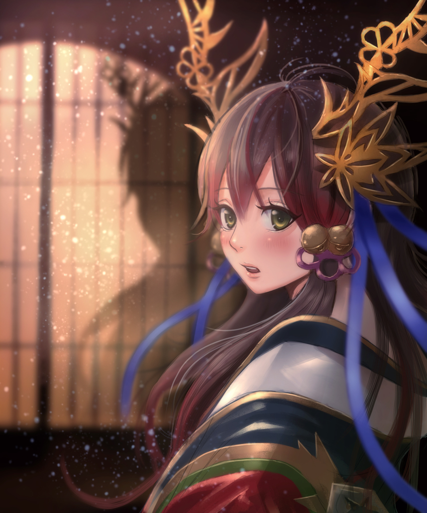 1girl, bell, brown_hair, dragon_girl, female_focus, hair_ornament, hair_ribbon, highres