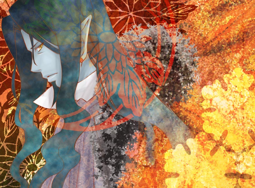 00s, 1boy, ascot, black_hair, blue_skin, brown_eyes, colored_skin, count_of_monte_cristo_(gankutsuou)