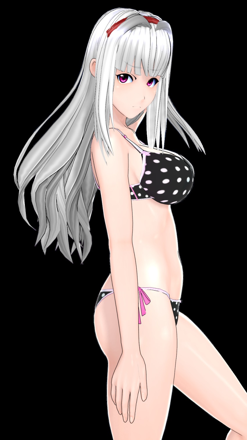 1girl, 3d, artificial_academy_2, bikini, breasts, cleavage, female_focus, frown, hairband, highres, idolmaster, idolmaster_(classic), kasakuri, large_breasts, long_hair, looking_at_viewer, navel, polka_dot, polka_dot_bikini, polka_dot_swimsuit, purple_eyes, shijou_takane, side-tie_bikini_bottom, silver_hair, simple_background, solo, swimsuit, transparent_background, white_background