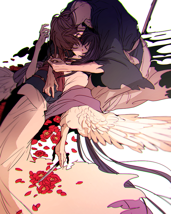 1boy, 1girl, black_hair, blood, blood_on_clothes, blood_on_face, camellia, chromatic_aberration